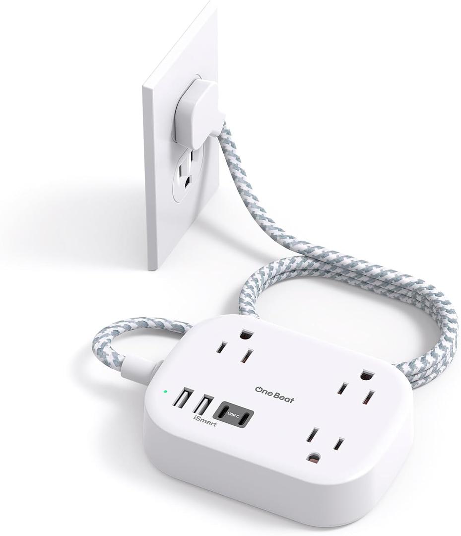 One Beat Cruise Ship Essentials,Travel Power Strip with USB C,Flat Plug Extension Cord with 3 Outlets 4 USB Ports(2 USB C),5 ft Desk Wall Outlet Extender,Non Surge Protector for Cruise,Dorm Room,ETL (White)