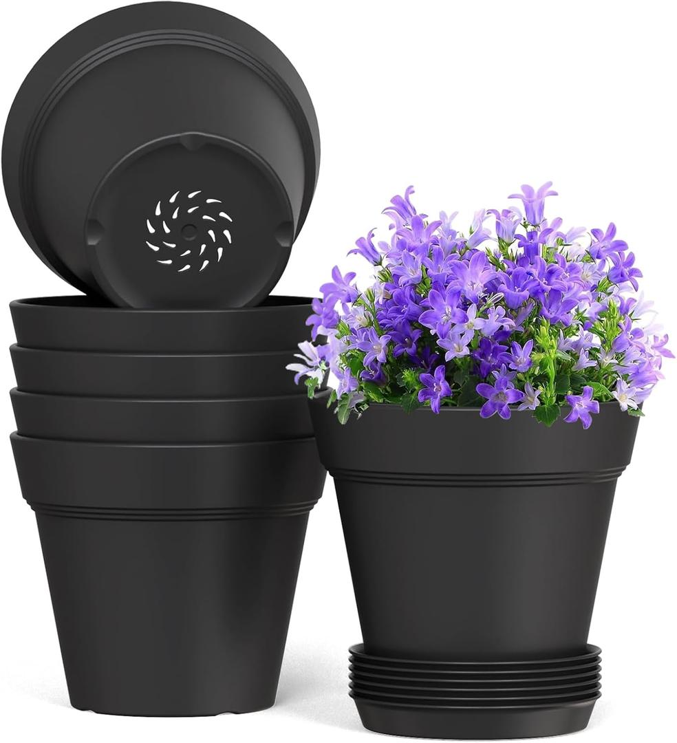 7 Inch Thick Plastic Plant Pots with Drainage Holes and Trays  6 Pack Nursery Pots for Indoor & Outdoor House Plants, Seedling Starter Planters for Garden Flowers, Matte Black 7 Inch Thick Plastic Plant Pots with Drainage Holes and Trays  6 Pack Nursery Pots for Indoor & Outdoor House Plants, Seedling Starter Planters for Garden Flowers, Matte Black