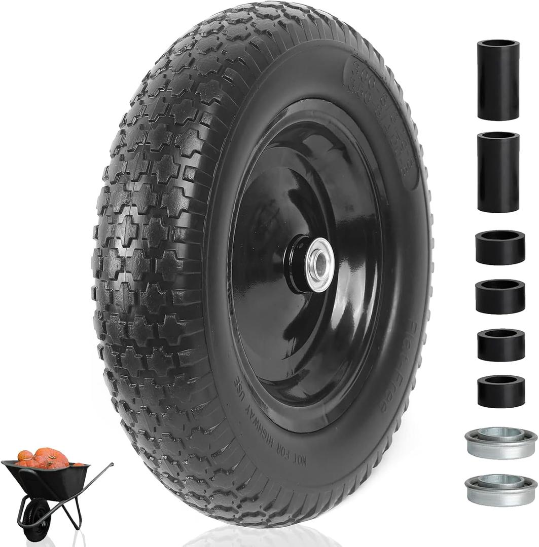 AR-PRO 4.80/4.00-8" Flat Free Tire and Wheel - 14.5" Solid Wheelbarrow Tires with 3" -7" Centered Hub and 5/8" Extra 3/4"Bearings - Universal for 4.80-8 4.00-8 4.00-6 3.50/3.00-8 Wheelbarrow Wheels (14.5"(Flat Free Tire)