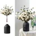 BLOSMON Fake Flowers in Vase for Centerpieces: Metal Vase with 12 Stems of Artificial Mums Kiku Flowers Eucalyptuses Dining Table Decor - White Faux Silk Pom Poms Floral Arrangements for Home Indoor [16.9"L x 16.9"W x 19.7"H]