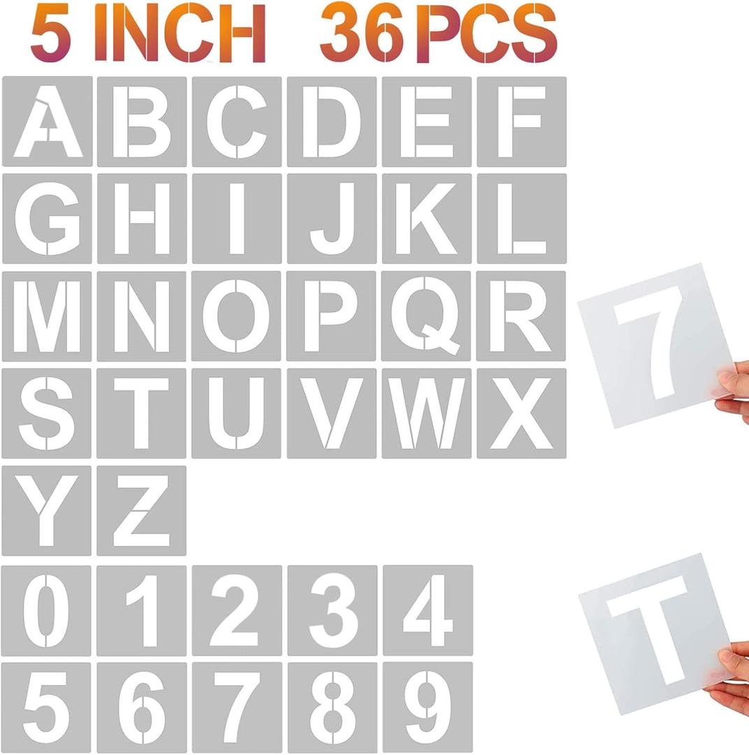 YEAJON 5 Inch Letter Stencils and Numbers, 36 Pcs Alphabet Art Craft Stencils, Reusable Plastic Templates for Wood, Wall, Fabric, Rock, Signage