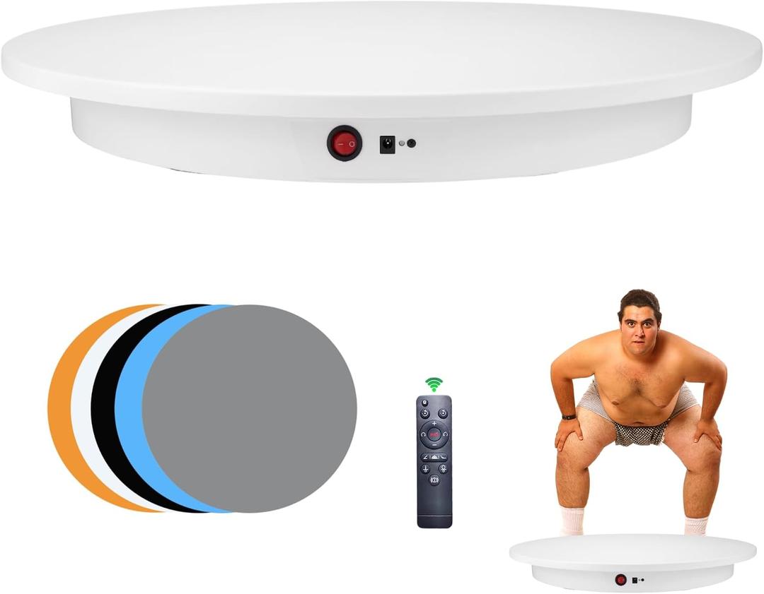 JAYEGT Electric Rotating Display Stand, 350-500 lbs Heavy Load , 360-Degree Motorized Rotating Turntable for Display, Live Streaming, Remote Control + 5 Colors Background (White/24 Inch/Dual Motors)