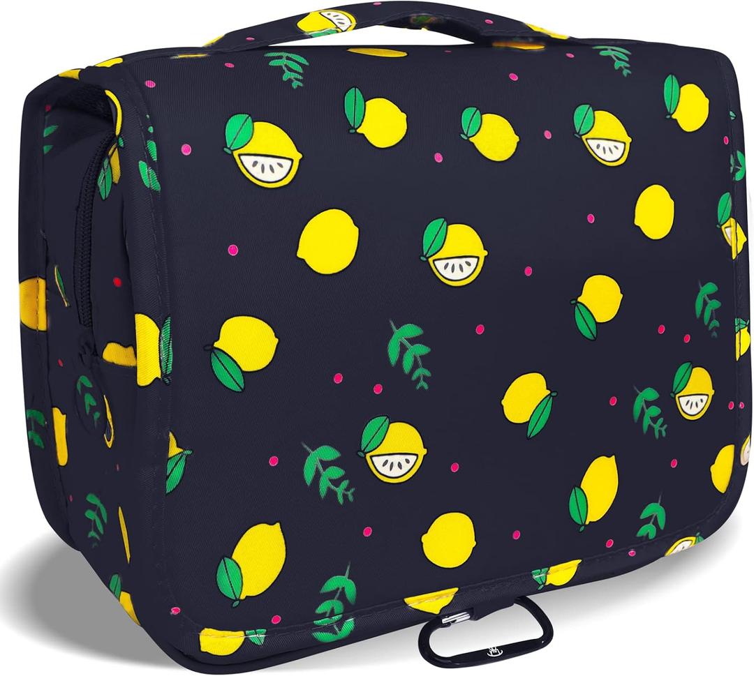 LAKIBOLE Toiletry Bag Multifunction Cosmetic Bag Portable Makeup Pouch Waterproof Travel Hanging Organizer Bag for Women Girls (Black & Lemon-Travel Tag |)