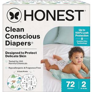 The Honest Company Comfort Dry Disposable Daytime Diapers for Sensitive Skin, Hypoallergenic, FragranceFree, Turtle Time + Pattern Play, Club Box Size 2 (1218 lbs), 72 Count