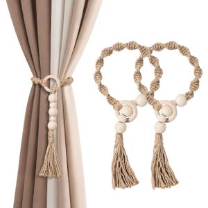 Macrame Curtain Tiebacks with Wooden Beads, Jute Rope Boho Holdbacks with Tassels, Natural Beige, 2-Pcs
