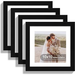10x10 Picture Frame Set of 4, Made of Real Glass and Black Wooden Frame - Display Picture 8x8 with Mat or 10 x 10 Without Mat, 10 by 10 Photo for Wall or Tabletop