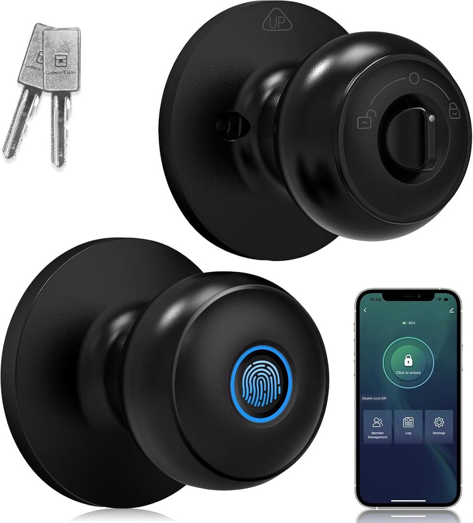 GeekTale Fingerprint Door Lock, Smart Lock Door Knob with App, Biometric Door Lock, Thumbprint Door Knob, Smart Fingerprint Door Knob for Bedroom, Office, Apartment (Matte Black)