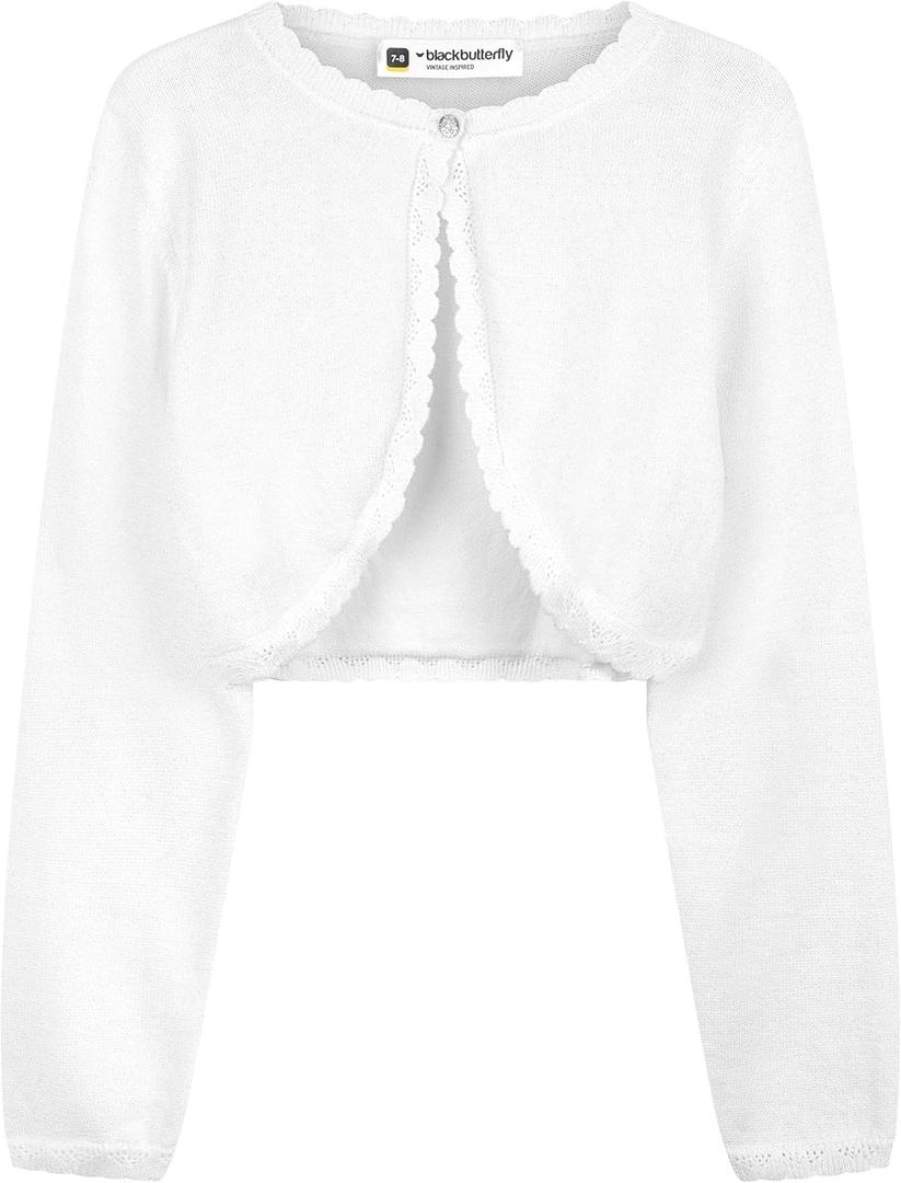 BlackButterfly Girls Long Sleeve Sparkle Cardigan Childrens Kids Bolero Shrug (13-14 Years, White - Holographic Sparkle)