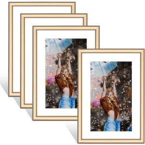 5x7 Picture Frame Set of 4, Brass Thin Modern Metal, Display 4x6 with Mat or 5 x 7 without Mats, Aluminum Floating Photo Frames Bulk Collage, Fits Horizontal & Vertical for Desktop and Wall (Bronze)