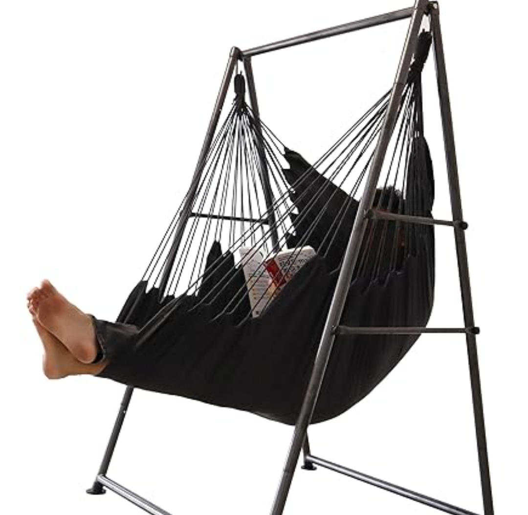 Hammock Chair Stand with Large Size Hanging Chair and Leg Rest，Quick Folding for Easy Wall Storage Bracket Max 330Lbs, Suitable for Garden Patio Room
