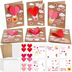 Justforjoyful 24 Pack Valentine's Day DIY Card Making Kit for Kids 3D Heart Hot Air Balloon Greeting Cards with Envelope Sticker Valentines Craft Supplies Valentine Party Favor Classroom Exchange Gift