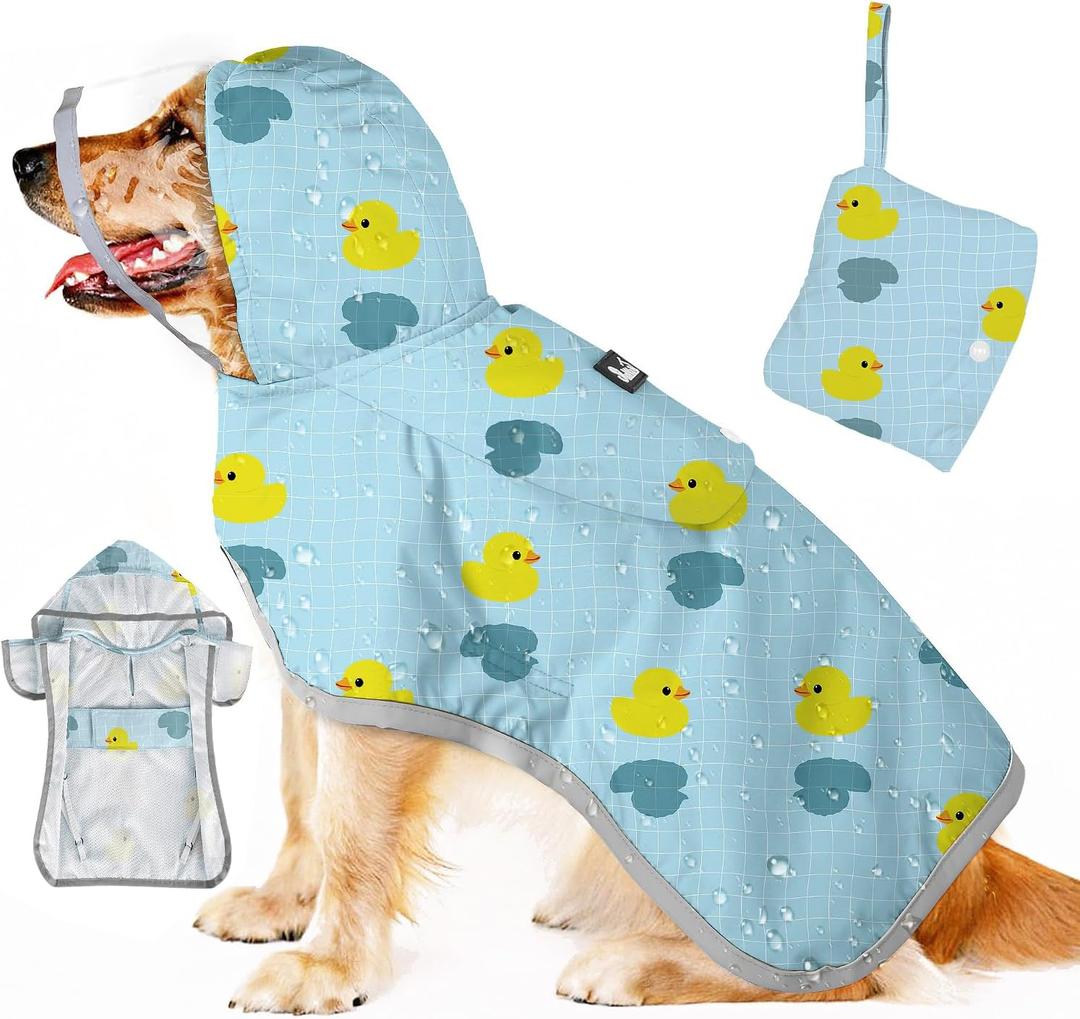 SlowTon Dog Raincoat, Adjustable Dog Rain Jacket Clear Hooded Double Layer, Waterproof Poncho with Reflective Strip Straps and Storage Pocket for Small Medium Large Dogs Puppies(DK XXL) (Duck Pattern)