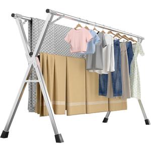63 Inches Heavy-Duty Stainless Steel Folding Clothes Drying Rack Clothing Indoor Outdoor Anti-Rust 20 Windproof Hooks Portable & Foldable Laundry Rack (63'')