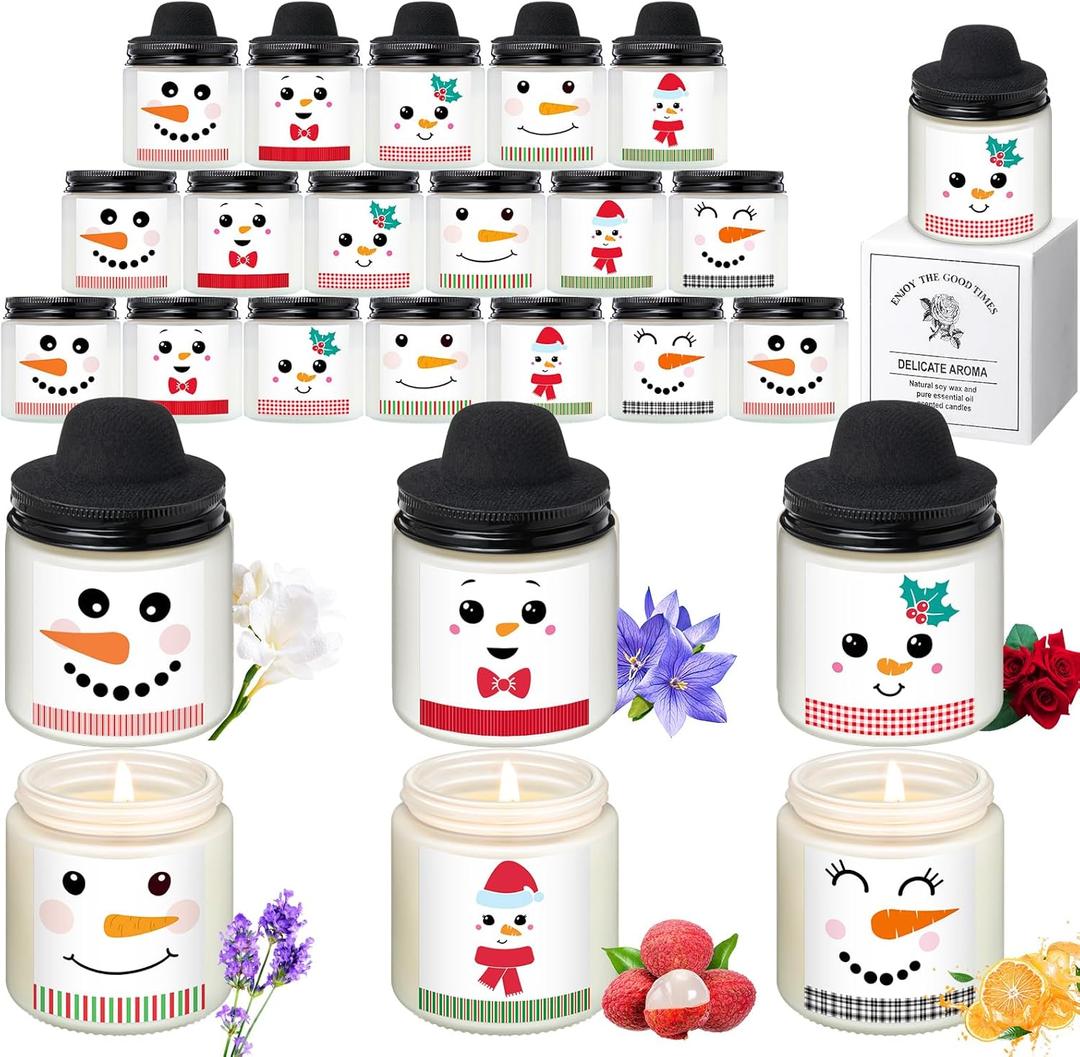 Lounsweer 48 Pcs Christmas Candles Bulk Gifts Set for Women Men 3.5oz Snowman Scented Candles Jar Soy Wax Candle with Mini Snowman Decor Cap for Christmas New Year Winter Decor