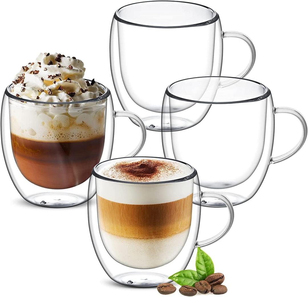 8 oz Double Walled Glass Coffee Mugs, Clear Glass Mug Set of 4, Insulated Borosilicate Glass Coffee Cups with Handle, Espresso Mugs for Cappuccino, Latte, Tea, Hot/Cold Drink