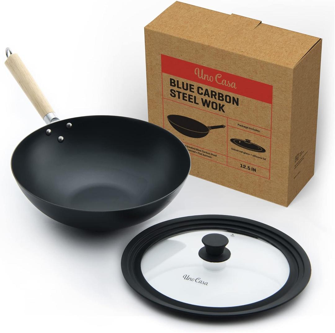 Uno Casa 12 Inch Blue Carbon Steel Wok Pan - Non-Stick, Stir-Fry, Includes Lid