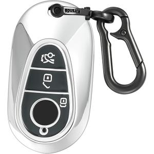 Kirsnda for Mercedes Benz Key Fob Cover with keychian,TPU Protection Key Case Compatible with E Class S Class G Class smart Remote Key (Silver,3 Button)
