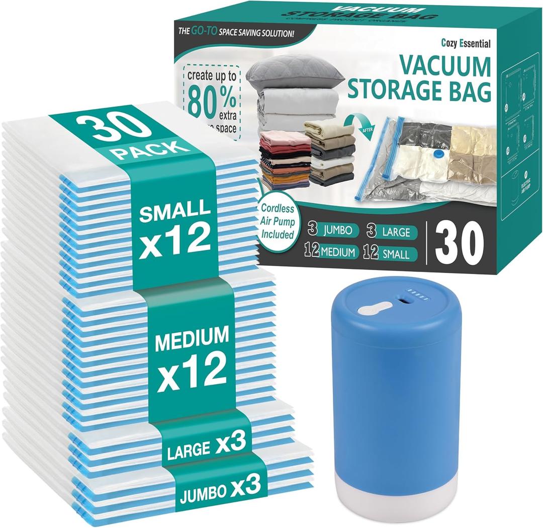 Cozy Essential Travel Vacuum Storage Bags with Rechargeable Cordless USB Pump, Space Saver Bags for Luggage, Suitcase, Carry-On, for Clothes, Blankets, Bedding & Seasonal Storage,30 Combo