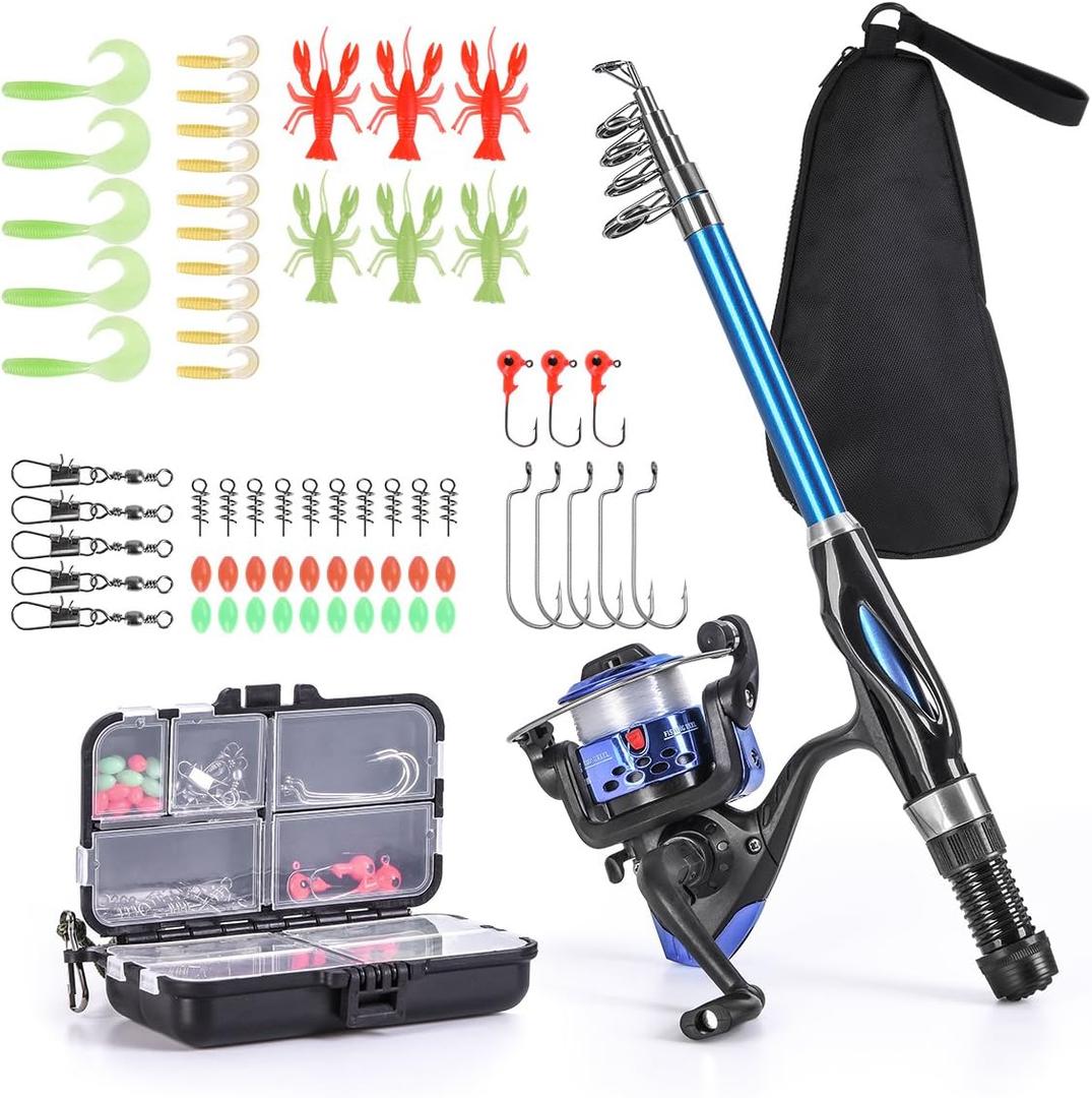 Leo Light Weight Kids Fishing Pole Telescopic Fishing Rod and Reel Combos with Full Kits Lure Case and Carry Bag for Youth Fishing and Beginner 130CM (Rod and Reel Combos with Full Kits and Carry Bag)