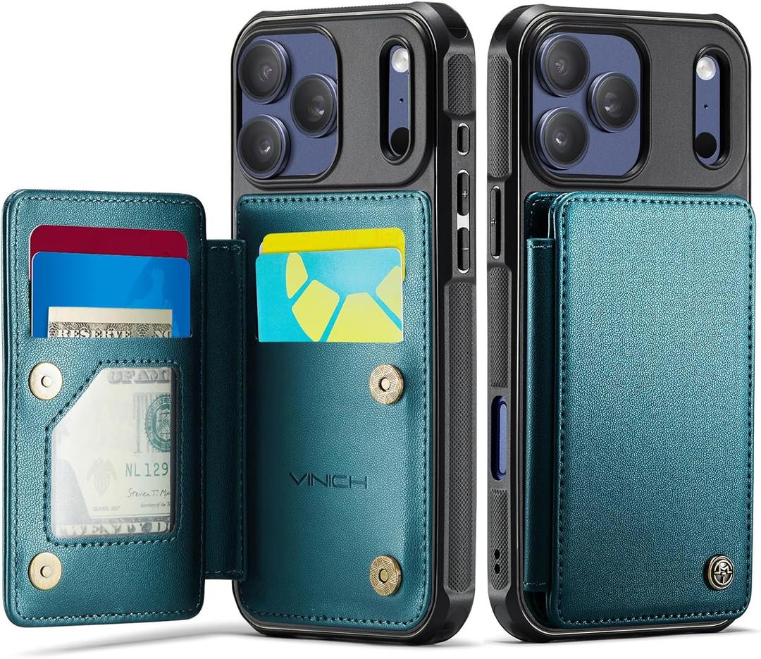 Vinich for iPhone 17 Pro Wallet Case with Card Holder, RFID Blocking Credit Slots Kickstand Shockproof Phone Cover Fit for iPhone 17 Pro 6.3" Bluish Green