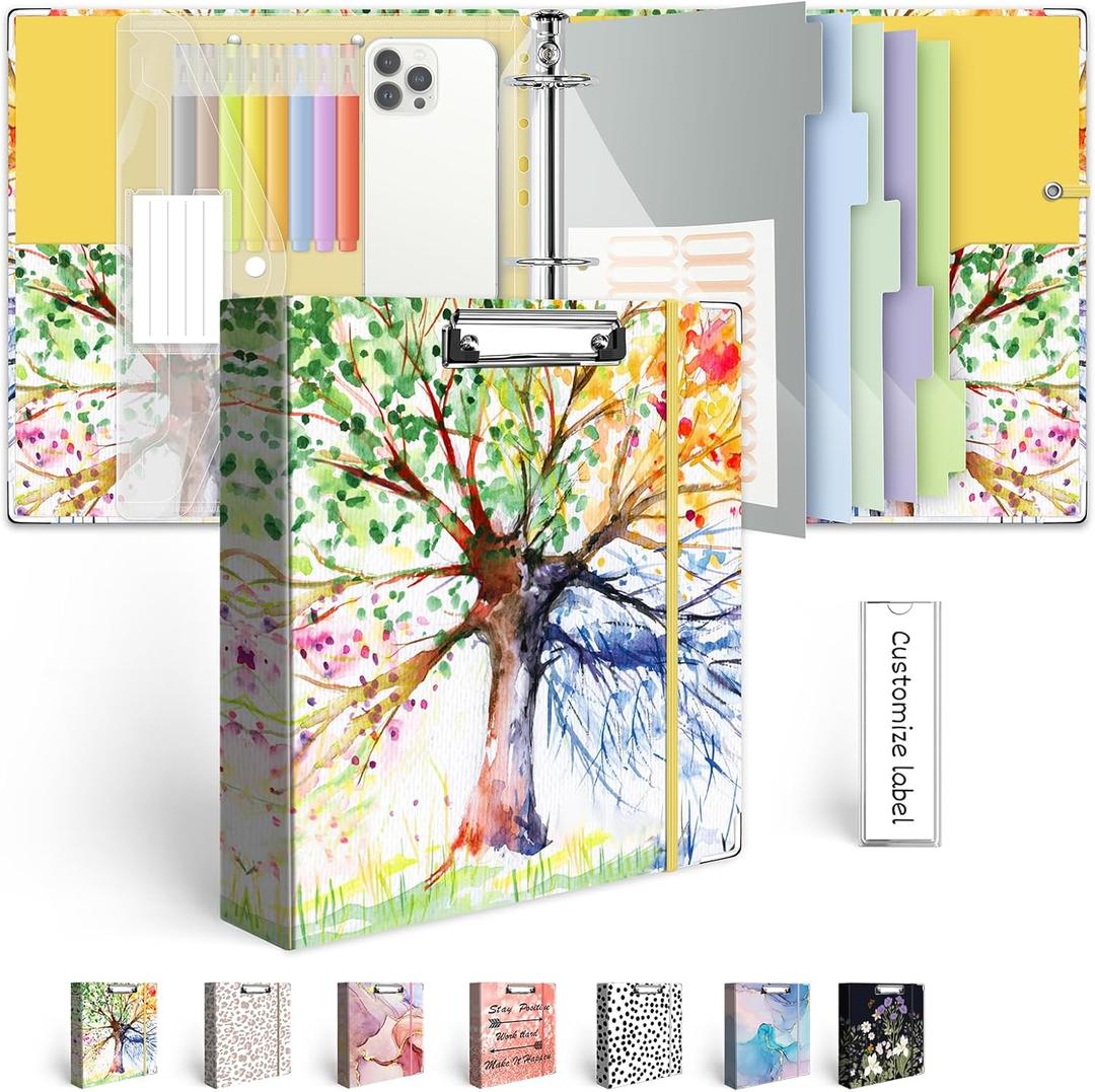 2 Inch 3 Ring Binder Organizer, Three Ring Binder with Clipboard, 5-Tabs Pockets Dividers, Transparent Folder, 18 Divider Stikers, BVSSX Decorative Binders for Letter Size 8.5"x11" Paper (Seasons Tree)