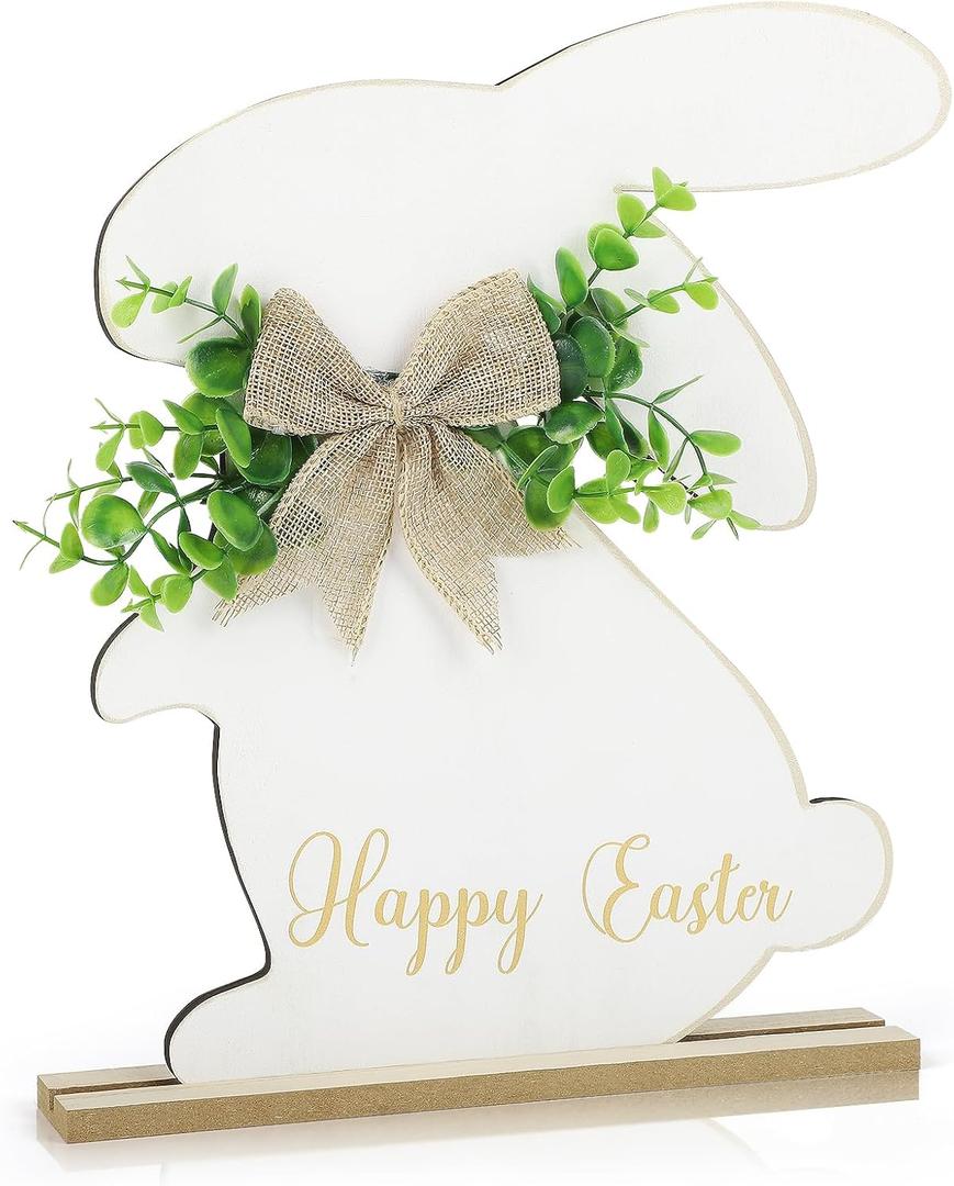 Easter Bunny Wooden Sign, Happy Easter Tabletop Centerpieces Decor in Door, Wood Farmhouse Vintage Bunny Easter Decorations, Retro White Rabbit with Rustic Bow Flower Table Signs Decor for Home Party (Large Sign)