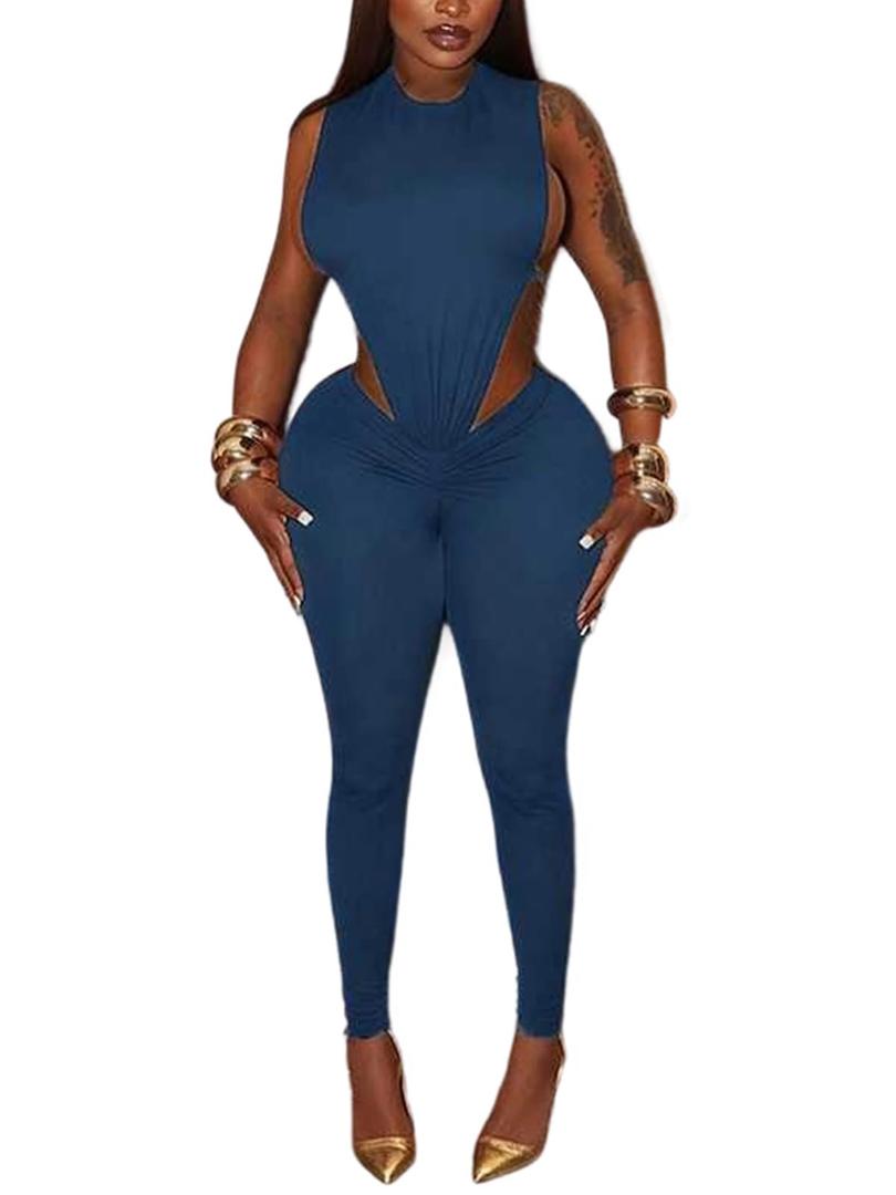 Navy Blue Sexy 2 Piece Sets for Women Sleeveless Hollow Out Bodysuit Top Bodycon Ruched Leggings Set Jumpsuit Club Outfits (Blue)