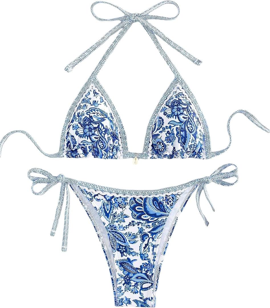 BYFINECANY Women's Floral Printed Bathing Suit Halter Paisley Summer Swimsuit Bikinis Set Blue XS