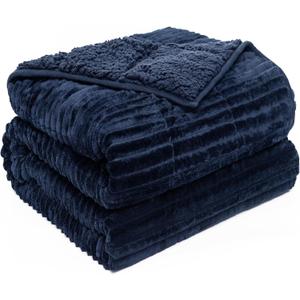 Sherpa Fleece Adult Weighted Blanket with Ribbed Stripes, 15 Pounds Dual Sided Soft Plush Blanket for Couch Bed Sofa, Heavy Thick Blankets with Ceramic Beads Great for Sleep, Navy Blue, 48" x 72"