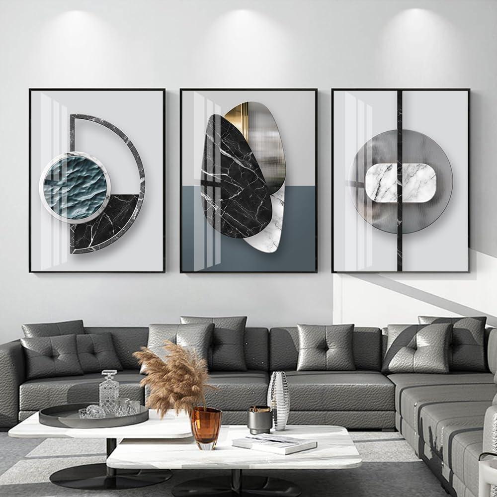 QKF 3 Pieces Modern Funky Wall Art For Living Room Geometry For Home Decoration Pictures Dark On Abstract Canvas Print Paintings Bedroom Bathroom Office Posters & Prints (Medium Size 16x24inch) (Black Ash)