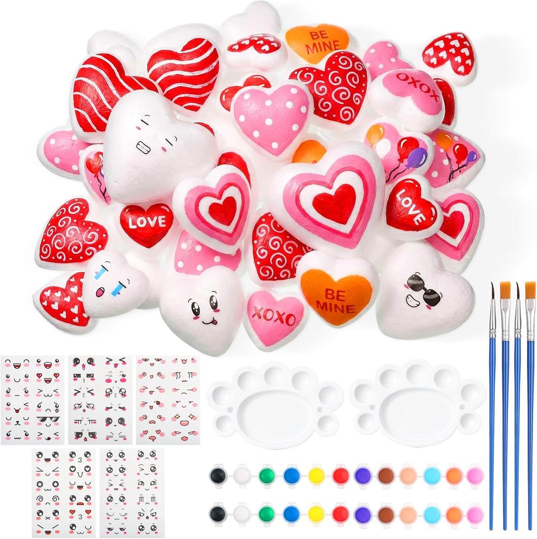 Seenelling 48 Sets Valentine's Day Heart Kit Craft DIY Heart Painting Kit with Sticker Valentine's Day Craft Painting Bulk Ready to Paint Your Own Shape White Foam Balls for Party Activities Gifts