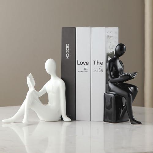Decorative Bookends, Ceramic Book Ends for Shelves, Home Office Decor Aesthetic Book Stopper Reading Book Holders Statues for Bookshelf Bedroom Living Room Decoration (White and Black)