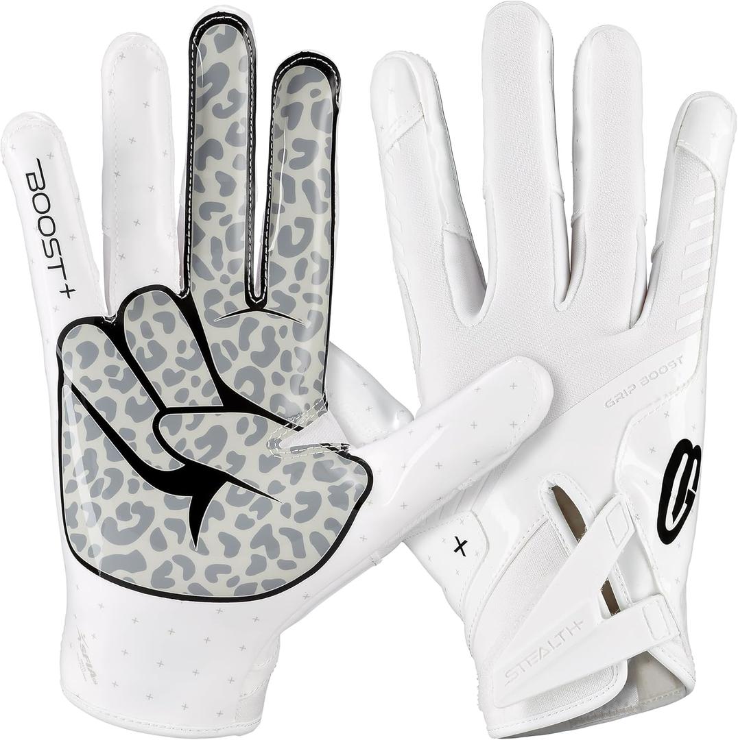 Grip Boost Football Gloves - Peace Stealth 6.0 Boost Plus Sticky Technology - Adult and Youth Football Gloves for Wide Receiver - Men's and Boys Sizes (Large, White/Black)