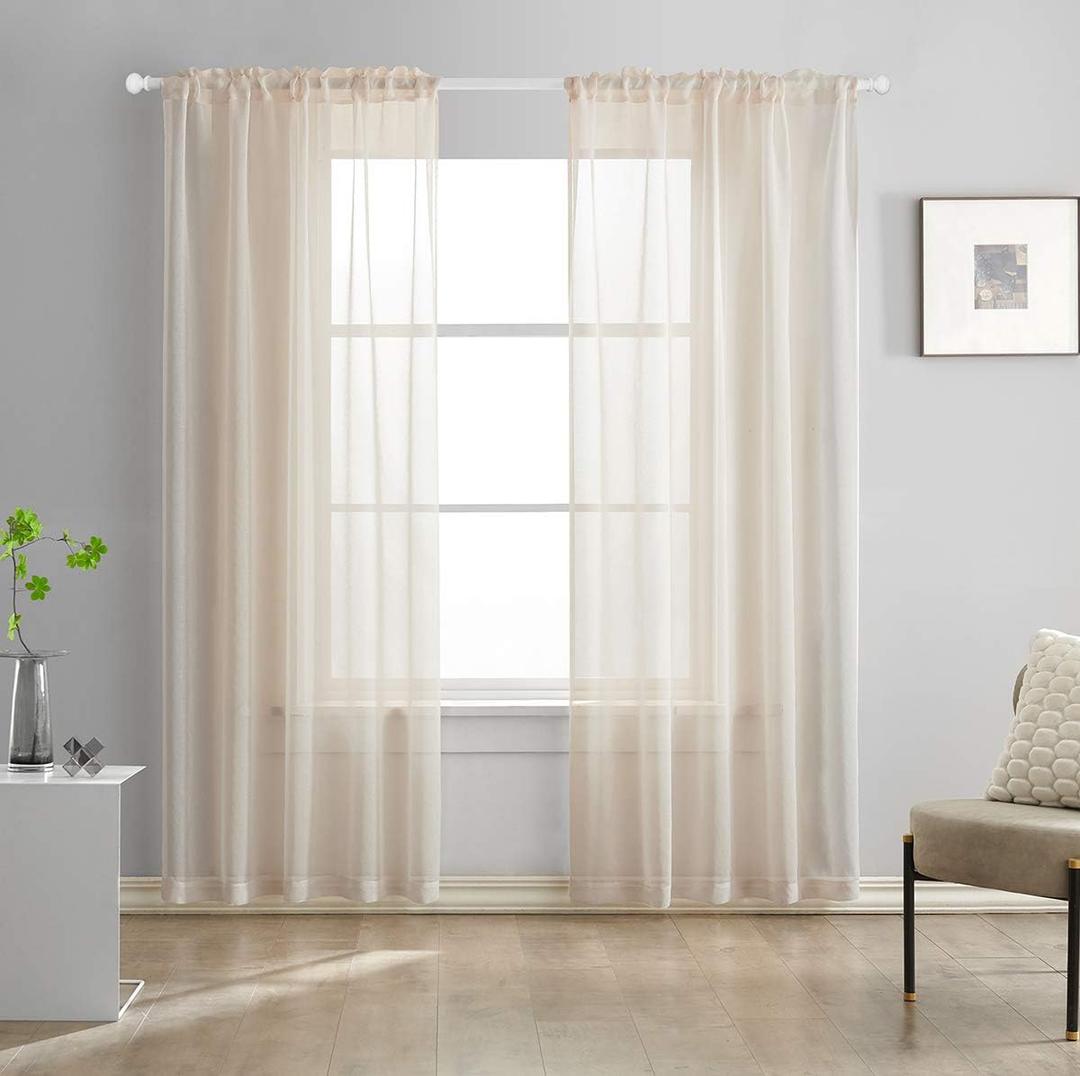 Beige Semi Sheer Curtains 84 Inches Long Faux Linen Beige Sheers Curtain for Bedroom Living Room Girls Kids Room 2 Panels 52x84