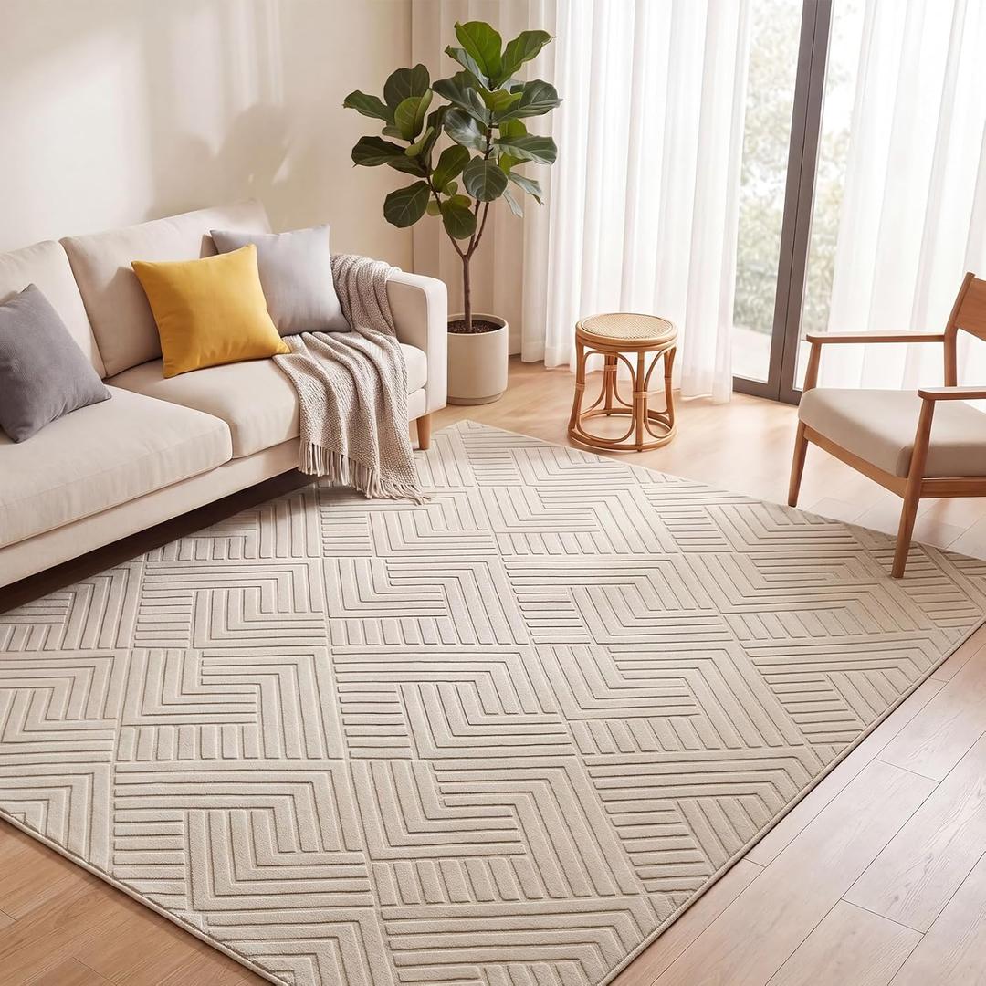 Bsmathom 9x12 Washable Area Rug, Boho Neutral Modern Soft Carpet Mat, Beige