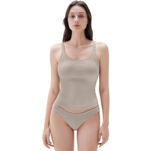 SUUKSESS Women Padded Cotton Ribbed Long Tank Tops 2025 Summer Going Out Basic Scoop Neck Cami Tops (Large, Khaki)