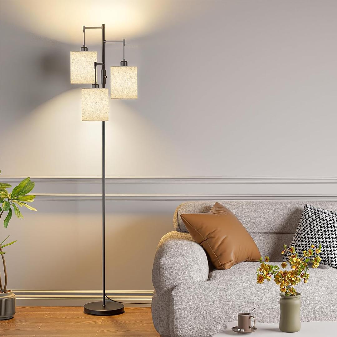 Dimmable Floor Lamp, Tall Standing Lamp with Linen Shade, Industrial Tree Floor Lamps for Living Room Bedroom Office, 3 x 1000LM LED Bulbs Included
