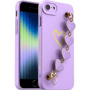 AICase iPhone SE 2022 Case,iPhone 3rd/2020/2nd gen/iPhone 8/7 Case for Women with Full Camera Lens Protection and Hand Strip Loop, Silicone Heart Girly Cute Soft Slim Shockproof for iPhone 8/7/SE_4 (lilac purple with Heart Strap Chain)