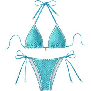 SHENHE Women's 2 Piece Triangle Tie Side Beach Bikini Sets Geo Print Halter Swimsuit Bathing Suit (Mint Blue, Small)