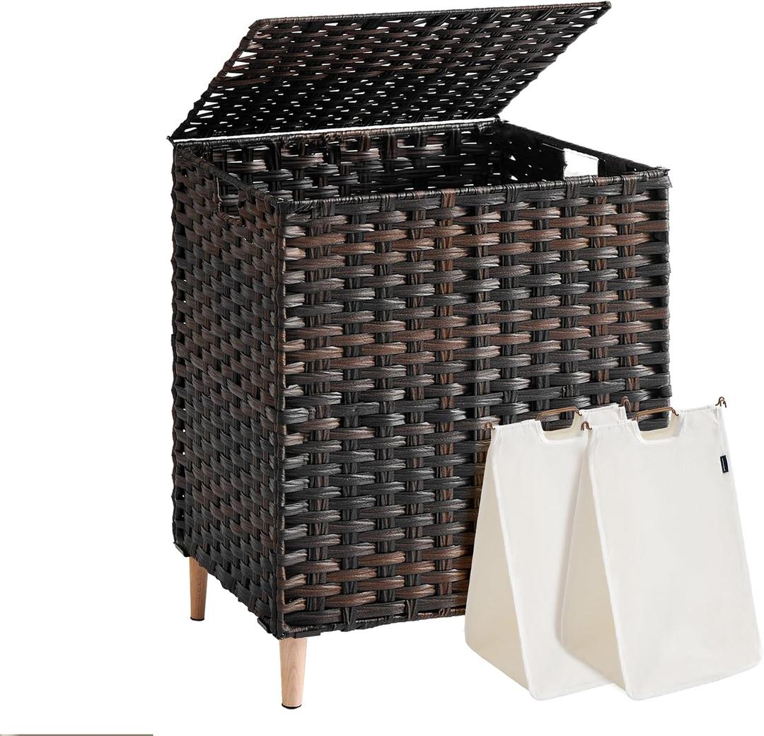 SONGMICS 2-Section Laundry Hamper with Lid, 29 Gal (110L) PE Rattan Laundry Basket with Removable Washable Liners, for Bedroom & Living Room, Chestnut Brown ULCB222ME01