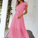PRETTYGARDEN Women's Summer Floral Boho Maxi Dress Short Sleeve Wrap V Neck Ruffle Long Flowy Beach Wedding Guest Dresses (Pink, XXL)