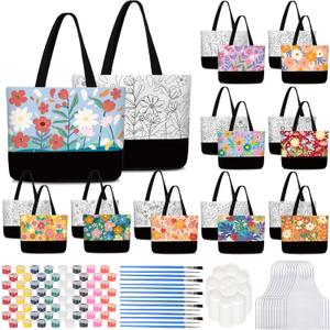 10 Set Pre Drawn Canvas Bags Set Paint and Sip Kit for Adults Painting DIY Tote Bags Making Kit with Paintbrushes, Paints, Apron, Palette for Painting DIY Party Women Adults