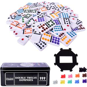 Sunny Days Entertainment Elbow Room Games Double Twelve Dominoes Set with 91 Dominoes, 10 Trains, Starter Piece, Storage Tin  Perfect for Mexican Train, Block, and Draw  for 2-8 Players
