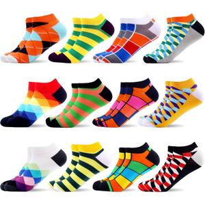 WeciBor Men's Funny Novelty Colorful Ankle Socks Cool Casual Cotton Low Cut Socks Pack of 12 (7.5-12, Orange/Yellow/Red/Multicolor Geometric-12b)