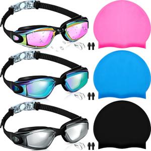 Flutesan 6 Pack Swim Goggles Hat for Adults Women with Nose Plug Earplug Waterproof Anti Fog Clear Stretchable Goggle Pack (Bright Style)
