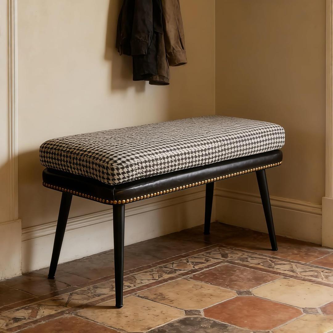 32" Retro Upholstered Entryway Bench, Leather & Fabric Shoe Bench with Removable Cushion, End of Bed Bench for Bedroom, Small Dining Bench for Living Room, Storage Bench for Hallway & Foyer, X-Large