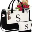 YOOLIFE Mothers Day Gifts - Initial Canvas Tote Bag & Makeup Bag, Birthday Gifts for Women Mom Sister Friends