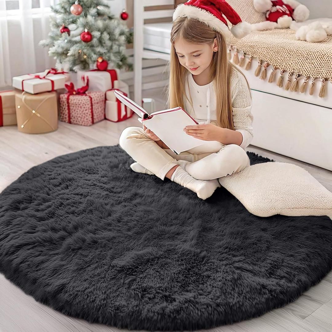 OLANLY Black Round Rugs for Bedroom - Machine Washable, 4 ft Circle Area Rugs for Living Room, Soft and Fluffy Shaggy Carpet for Teen Girls and Boys, Nursery Rooms, Dorms, Home Decor Aesthetic