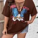 SOLY HUX Women's Plus Size Letter Graphic Tees Cut Out Deep V Neck Half Sleeve T Shirts Tops (Brown, XL)