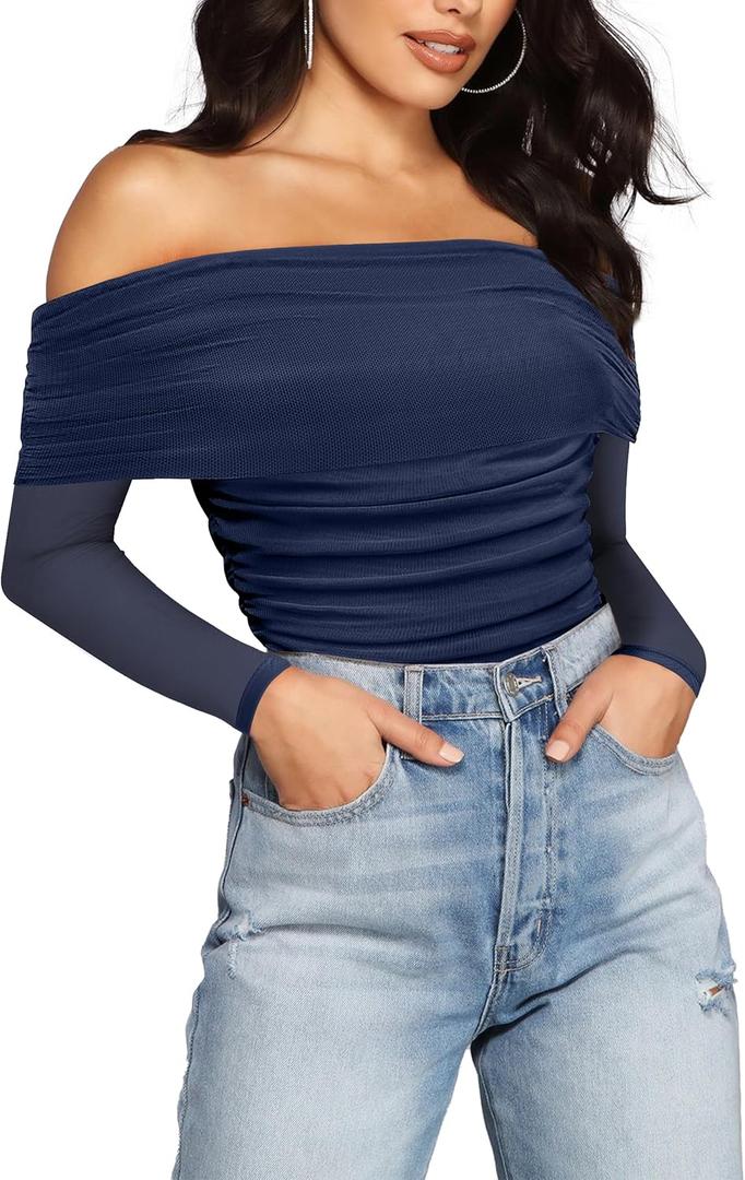 SAUNGKUAI Women's Off The Shoulder Long Sleeve Bodysuit Sexy Slimming Body Suit Tops Sheer Mesh Ruched Outfits (Large, Navyblue)